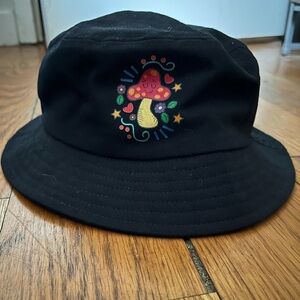 Black Bucket Hat with Colorful Mushroom Print